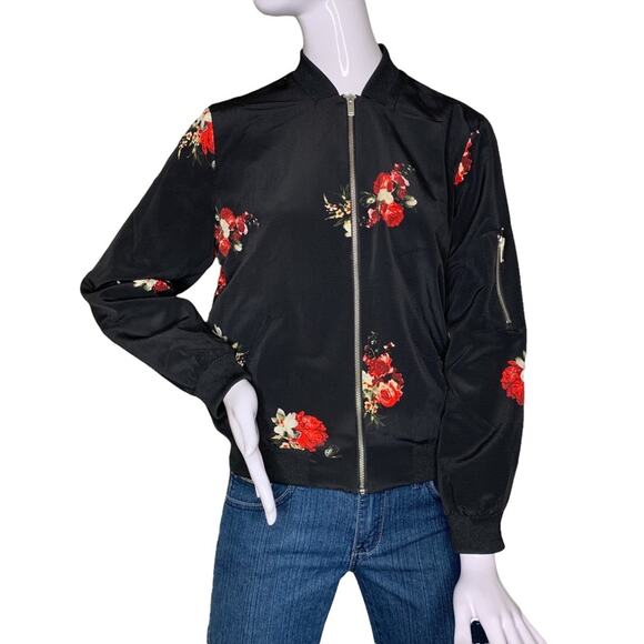 PHILOSOPHY Women Jacket Size S Black Floral Print Long Sleeve Zipper Down - Picture 1 of 12